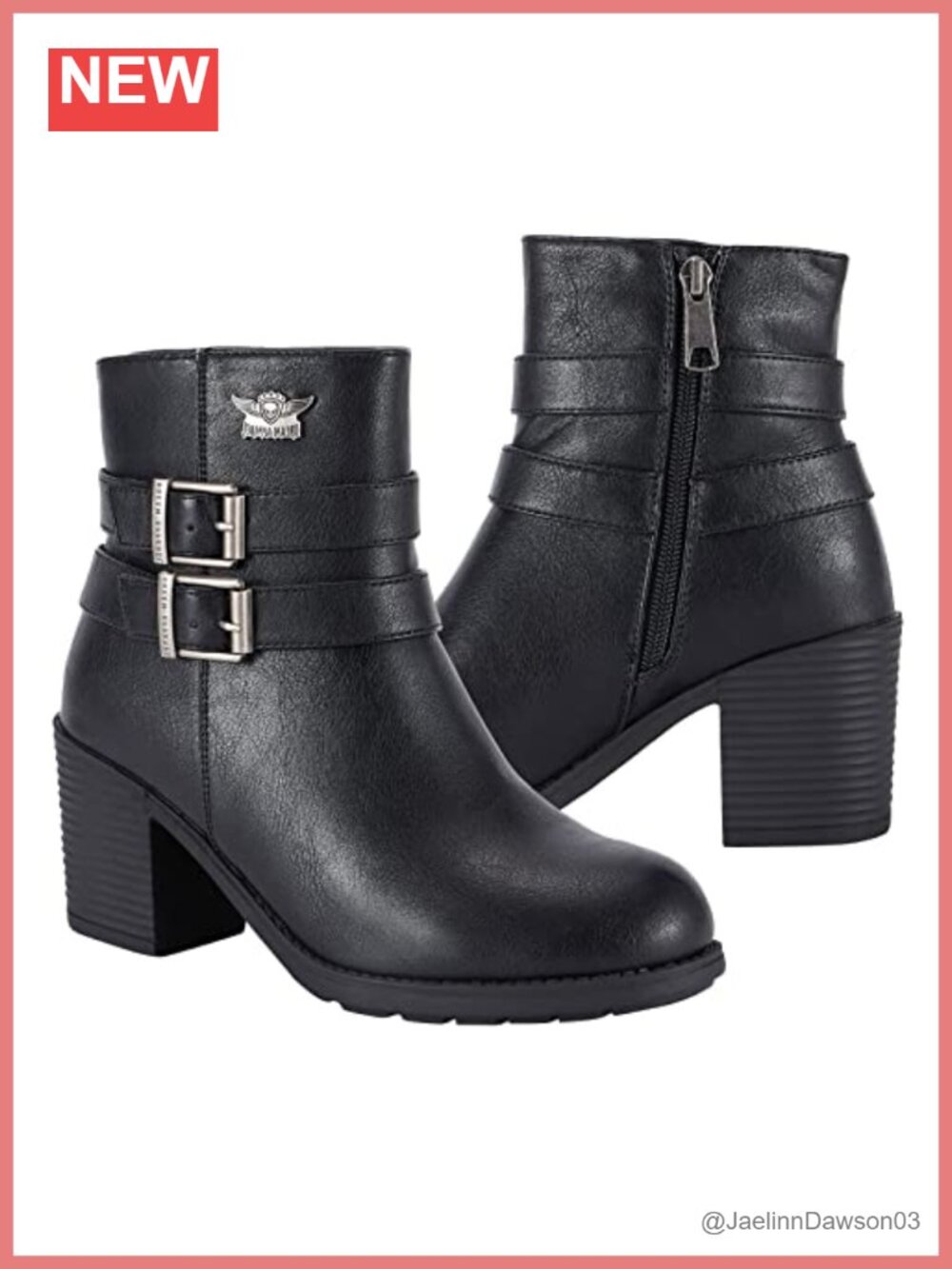 Faux Leather Ankle Booties Chunky Heel Side Zipper Double Buckle Strap Round